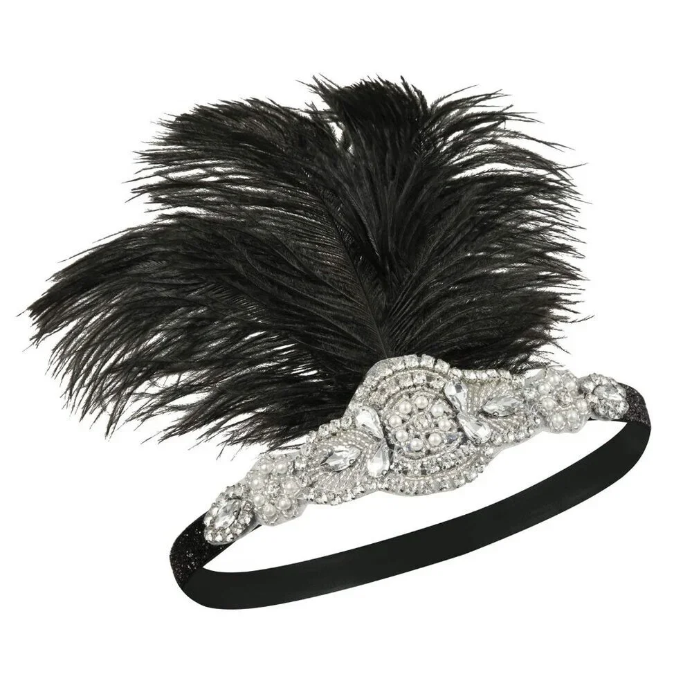 1920s Headpiece Flapper Headband Rhinestone Feather Great Gatsby Accessories